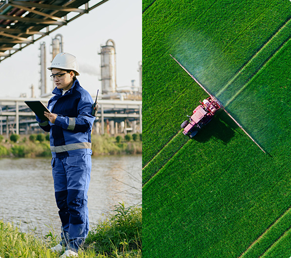 Industrial Worker with Tablet and Agricultural Spraying Drone Over Crops