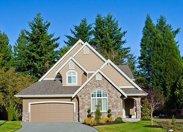 two-story house with stone and beige siding, double garage, and landscaped front yard
